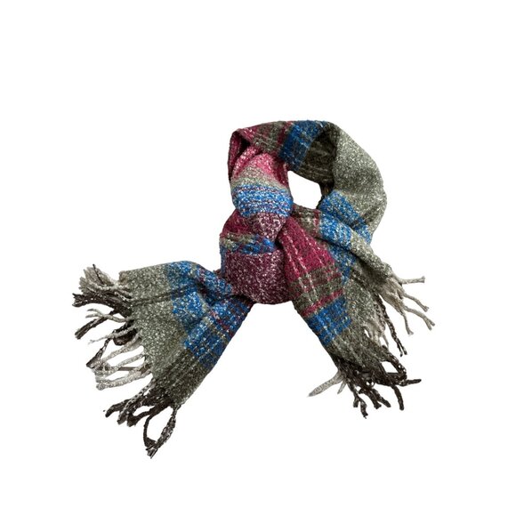 Unbranded boucle green red blue plaid 22” wide cozy soft fringed scarf - Picture 2 of 5